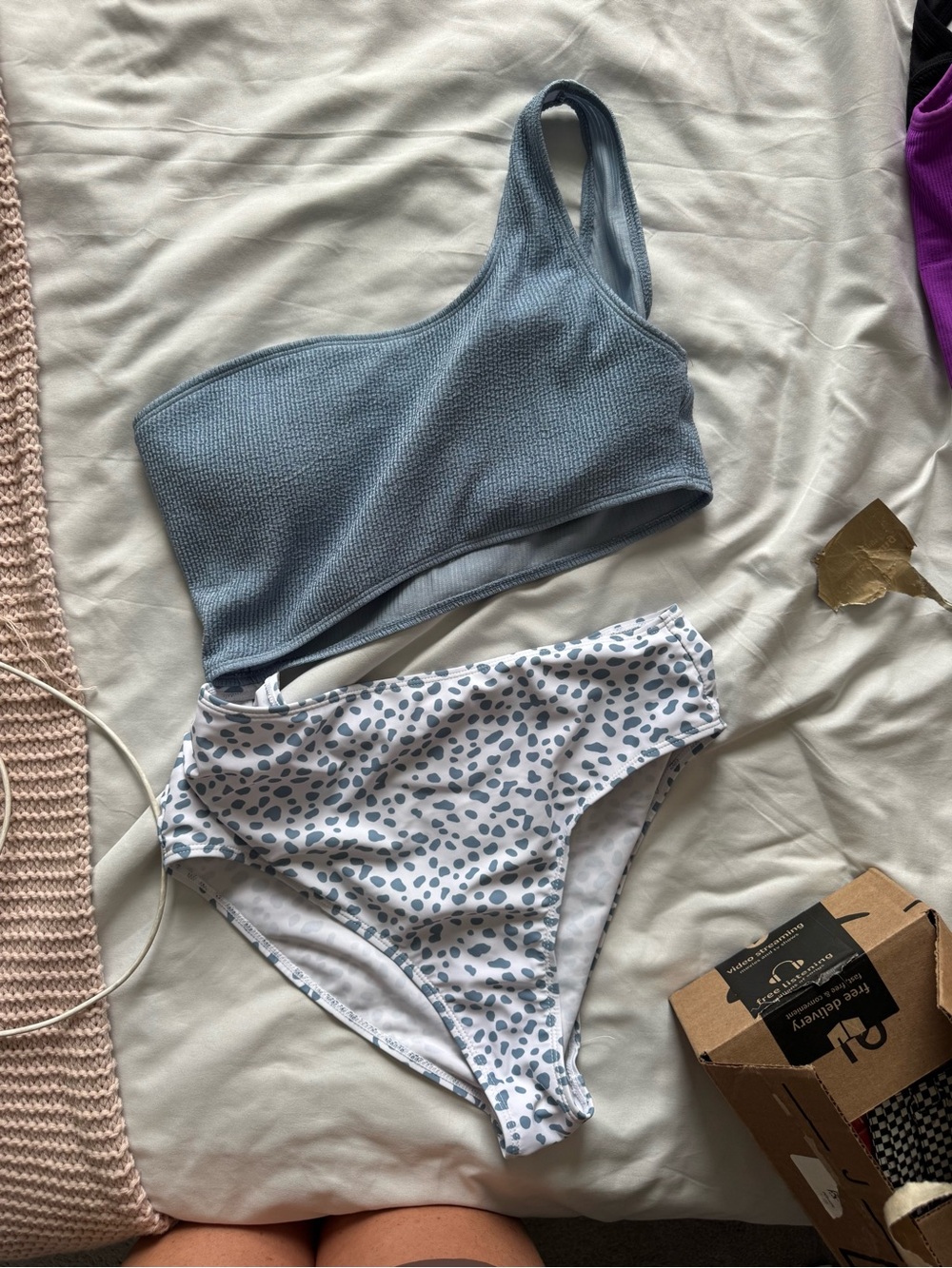 SHEIN Blue One-Shoulder Bikini Set with White & Blue Leopard High-Waist Bottoms